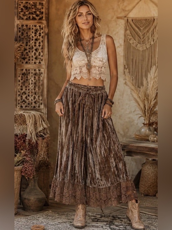 Blue Velvet Pants - H015 NWT Blue Velvet L w16-25 Bohemian Velvet Wide-Leg Pants in Brown